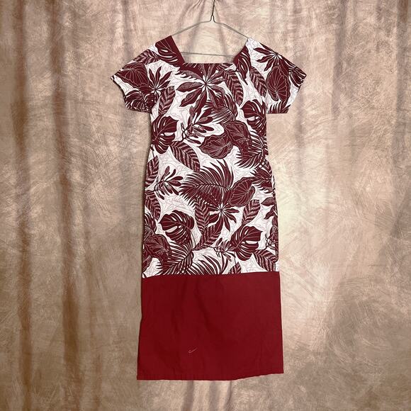 Hand Made Short Sleeve MuuMuu Dress Midi Floral Foliage Red White Short Sleeve - Picture 4 of 7